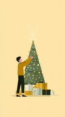 Person decorating Christmas tree with star surrounded by gifts