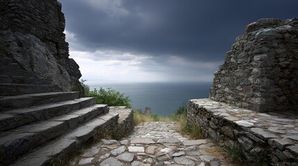 Ancient stone pathway leading to sea under dramatic sky with dark clouds