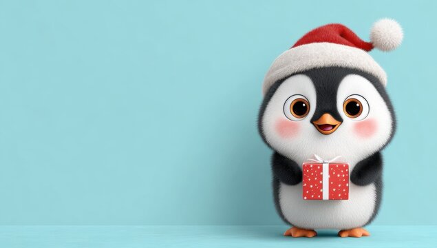 Cute 3d rendered penguin wearing a red santa hat holding a christmas gift box on a cold snowy light blue background, funny xmas present scene
