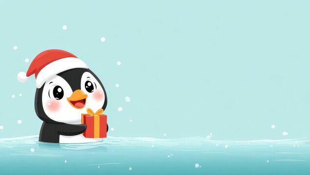 Cute illustration of a baby penguin wearing a santa hat holding a christmas gift box and smiling in sea, xmas present scene