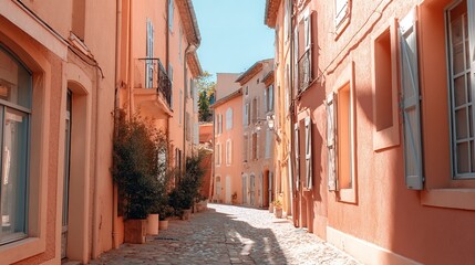 Charming narrow street with colorful buildings in sunlit european town