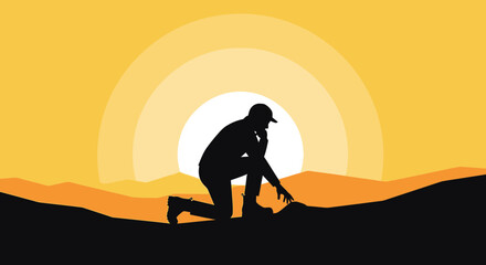 Silhouette Of Person Kneeling In Contemplation Against A Sunset Background