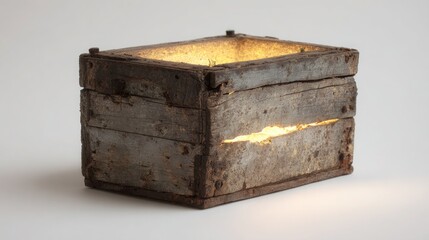 Hyperrealistic photo of old wooden box with glowing slit white background