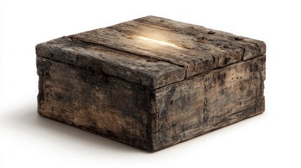 Hyperrealistic photo of old wooden box with glowing slit white background