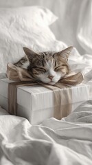 Cat Sleeping on Gift on Bed HyperRealistic Photo