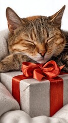 Cat Sleeping on Gift on Bed HyperRealistic Photo