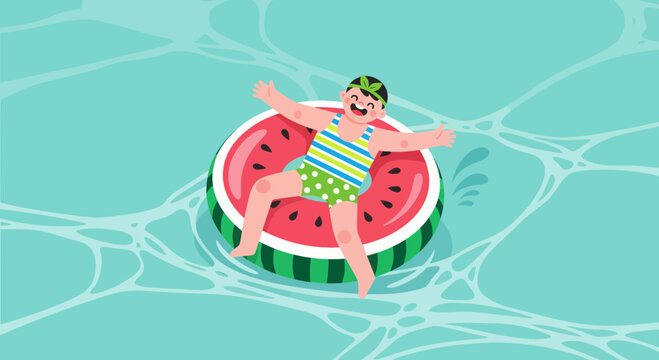 Joyful Child Floats on Watermelon Ring in Radiant Summer Swimming Pool Day