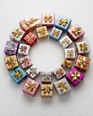 Circle of elegantly wrapped gifts hyperrealistic photo White background