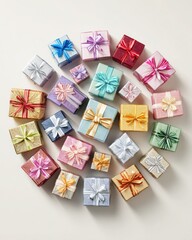 Circle of elegantly wrapped gifts hyperrealistic photo White background