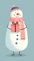 Large stylized snowman holding gift on pastel blue background