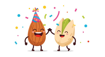 Fototapeta premium Joyful Nut Buddies Celebrating Party, Colorful Confetti, Happy Almond And Pistachio
