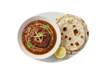 Indian curry with naan bread and lemon isolated on transparent background