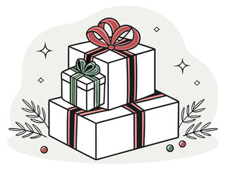 Stack of Christmas Gift Boxes with Red Ribbons, Festive Holiday Illustration for Greeting Cards and Celebration Decor Design
