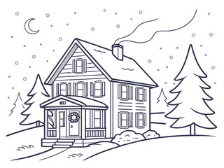 Snow-Covered House with Chimney, Cozy Winter Home Illustration for Christmas Greeting Cards and Holiday Season Design