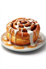 Glossy cinnamon bun with thick white icing and caramel sauce drips sits temptingly on a clean white plate