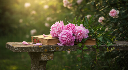 Romantic still life of a bouquet of pink peonies on a vintage book, resting on a rustic stone bench in a garden. Magical golden hour light creates a nostalgic and peaceful atmosphere.
