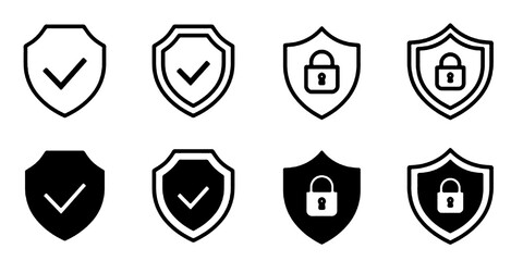 Security shield icon set. Shield check mark symbols. Protection and padlock logotypes. Vector illustration.