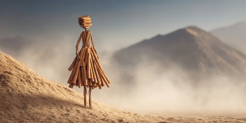 Minimalist cinnamon stick figure of a woman stands peacefully on a sandy hill overlooking misty mountains in soft light