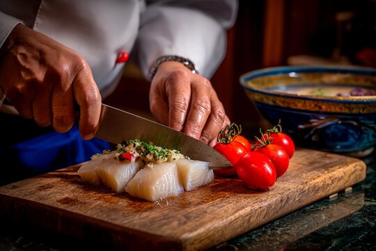 A skilled chef prepares a fresh fish fillet by slicing it on a wooden cutting board. Ripe tomatoes and a bowl of broth add color to the inviting kitchen scene