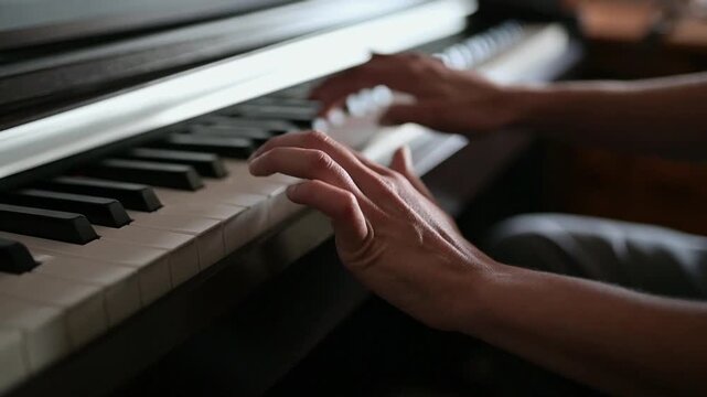 Pianist hands performing chords on piano in horizontal view