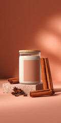 Minimalist mockup of a cinnamon-scented candle in a glass jar with wooden lid, surrounded by cinnamon sticks and star anise