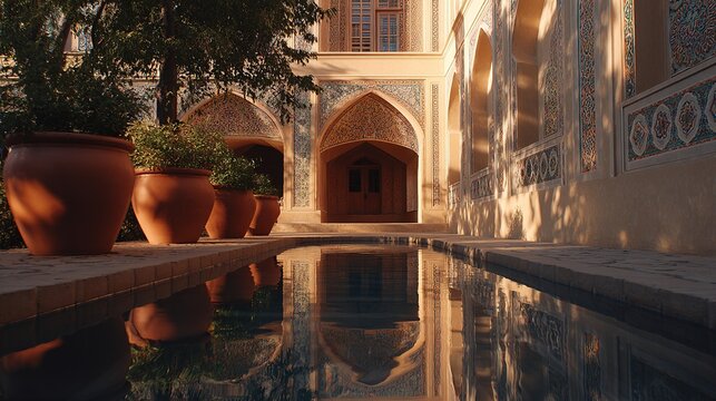 Tranquil courtyard with reflective pool and intricate mosaic architecture
