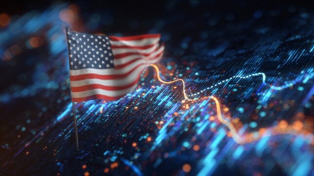Stars and stripes in a market downturn: capturing economic uncertainty. Connected devices. Flag and finance: american ensign and stock plunge in visual harmony. Internet connectivity.