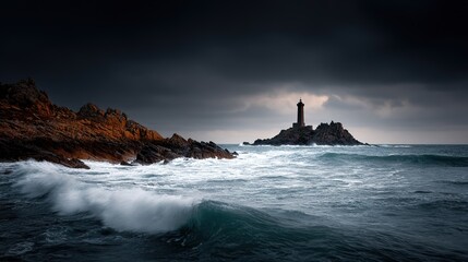 Stormy seas surrounding rocky island lighthouse under dramatic sky