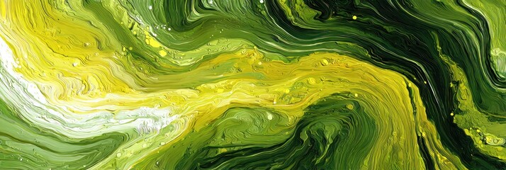 Vibrant Green And Yellow Abstract Swirl Texture: Fluid Paint Marbling Background For Design, Art, And Creative Projects