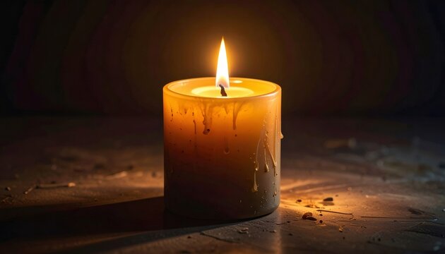 Burning candle flame providing warm light in darkness