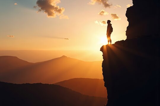 Silhouetted Figure on Cliff's Edge at Sunset with Sunlight Illuminating Their Profile