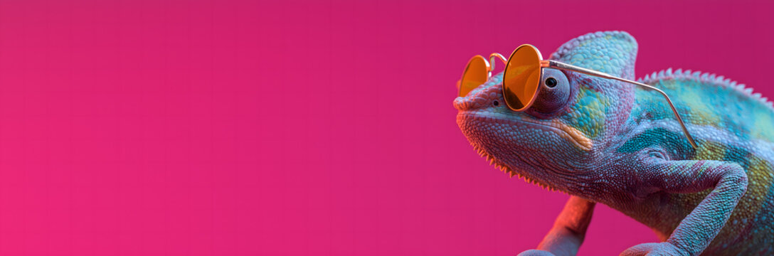 Funny chameleon wearing sunglasses against vibrant solid magenta color background. Summer holiday greeting card invitation banner with copy space.