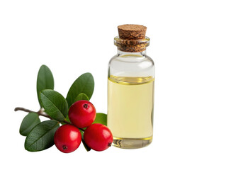 A small glass bottle filled with golden liquid, next to a sprig of red berries and green leaves, isolated on transparent background