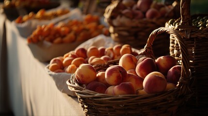 Fresh peaches and apricots in wicker baskets at outdoor market stall