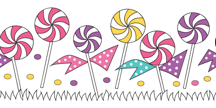 colorful spiral lollipop candy swirl pattern illustration sweet shop children dessert whimsical garden decoration design