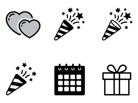 A collection of icons representing celebrations, love, and planning for special occasions.