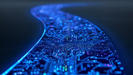 Abstract Circuit Stream, Glowing Blue Pathway of Data and Connectivity.