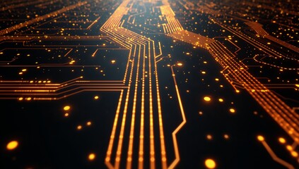 Abstract Circuitry Pathways. Illuminated Networks and Data Streams in Gold and Black.