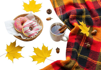 Cozy autumn scene with donuts, coffee, acorns, and maple leaves, isolated on transparent background