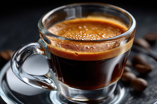 Close Up of Espresso in Glass Cup with Coffee Beans