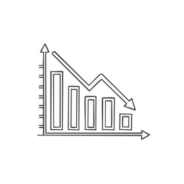 Hand drawn chart showing a downward trend with bars and an arrow in a simple doodle style