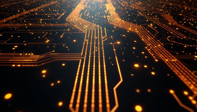 Abstract Circuitry Pathways. Illuminated Networks and Data Streams in Gold and Black.