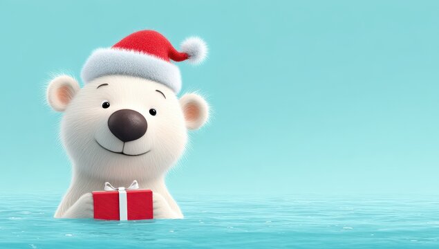 Adorable cartoon polar bear delivering a christmas present for the winter holidays, swimmming in the arctic sea, against a light blue backdrop, funny xmas gift scene