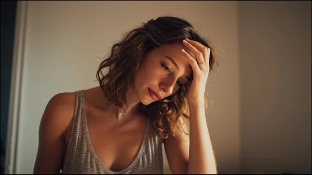 Young woman suffering from headache or emotional pain