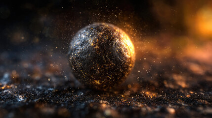 Floating matte black sphere emitting soft golden light, subtle dust particles, elegant futuristic minimalism