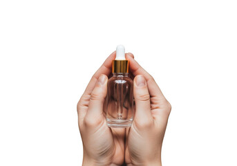 A person holding a small glass dropper bottle with a gold cap, isolated on a transparent background, representing skincare or cosmetic products