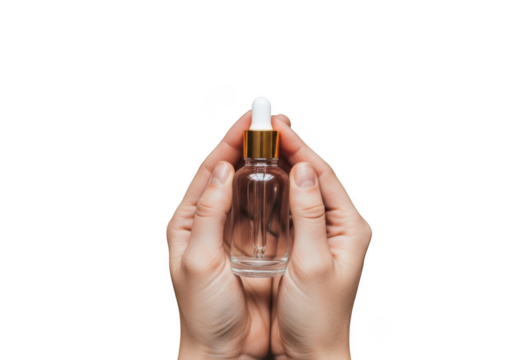 A person holding a small glass dropper bottle with a gold cap, isolated on a transparent background, representing skincare or cosmetic products