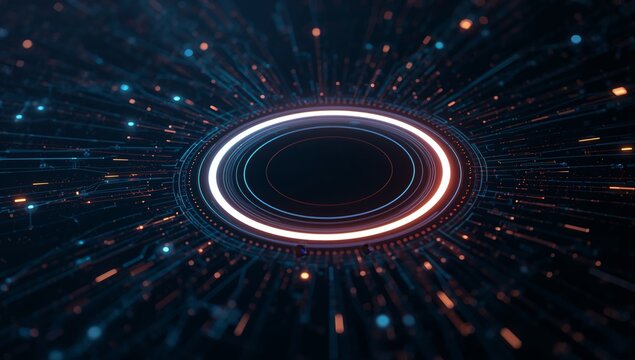 Abstract Luminescence Concentric Circles with Radiant Lines and Glowing Particles.