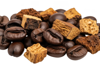 Rich coffee beans and textured pieces create a gourmet blend for brewing inspiration.