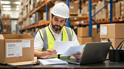 Confident warehouse employee wearing safety gear reviews inventory paperwork at a desk in a busy storage facility, surrounded by boxes, laptop, and shelving. Professional logistics management.